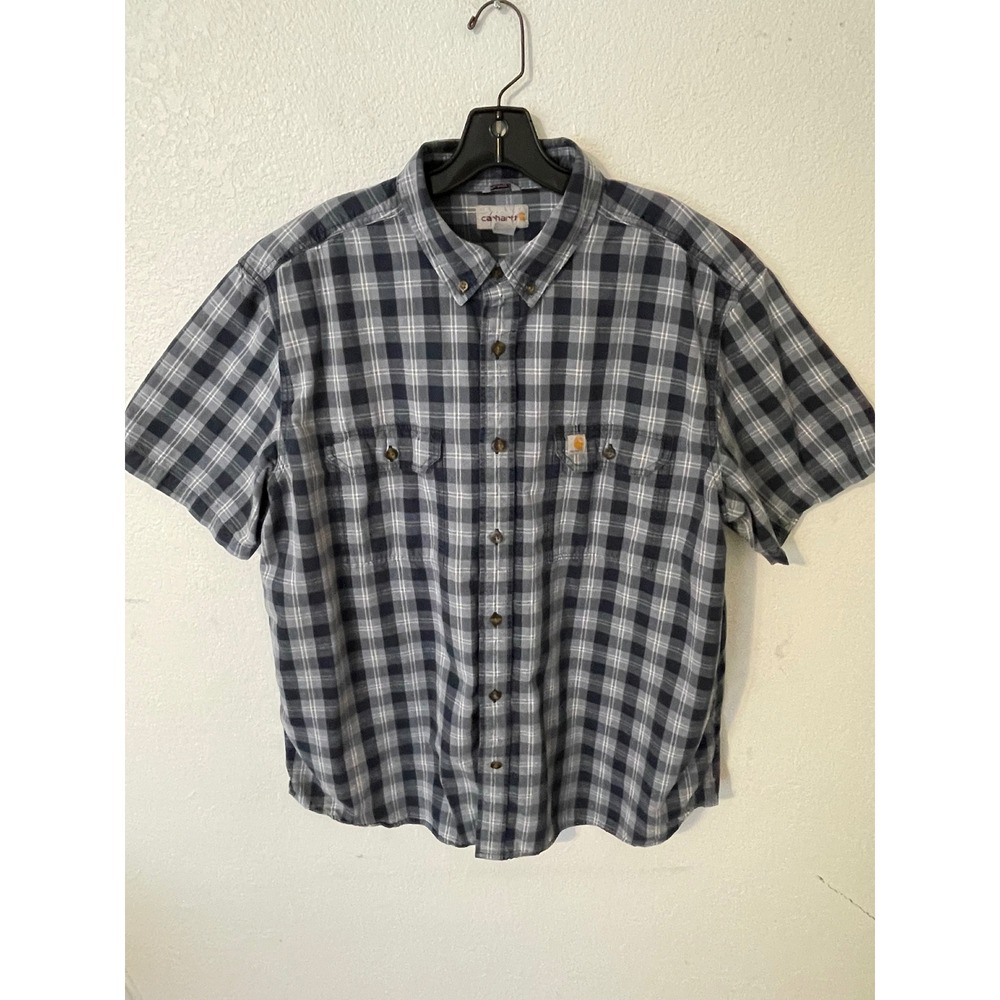 Carhartt Mens Relaxed Fit Plaid Short Sleeve Button Up Shirt 2XL Gray